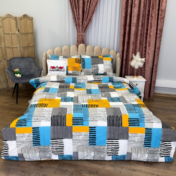 Lenjerie Pat Dublu, Bumbac Ranforce, 4 piese, Atelier Cumparamisim - Lux Suprem, Rafinament Desăvârșit, Confort Regal, Alb, Galben, Albastru, forme geometrice [1]
