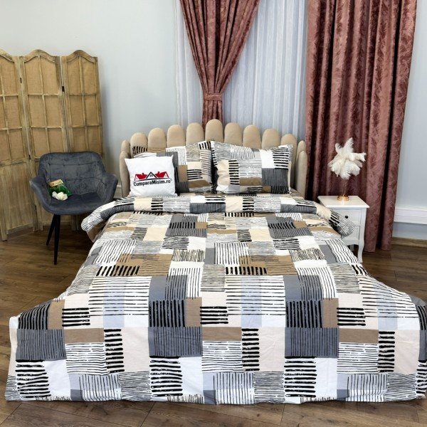 Lenjerie Pat Dublu, Bumbac Ranforce, 4 piese, Atelier Cumparamisim - Lux Suprem, Rafinament Desăvârșit, Confort Regal, Alb, Gri, Bej, forme geometrice  [1]