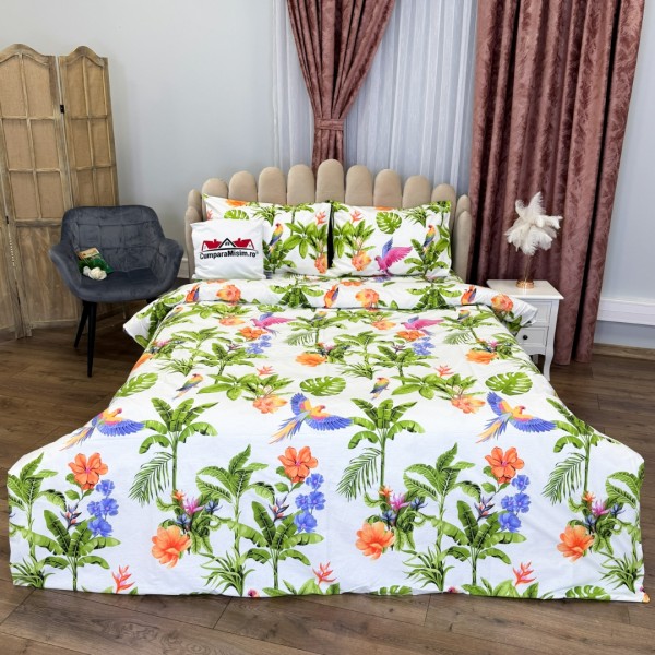 Lenjerie Pat Dublu, Bumbac Ranforce, 4 piese, Atelier Cumparamisim - Lux Suprem, Rafinament Desăvârșit, Confort Regal, Alb, Multicolor, tropical [1]