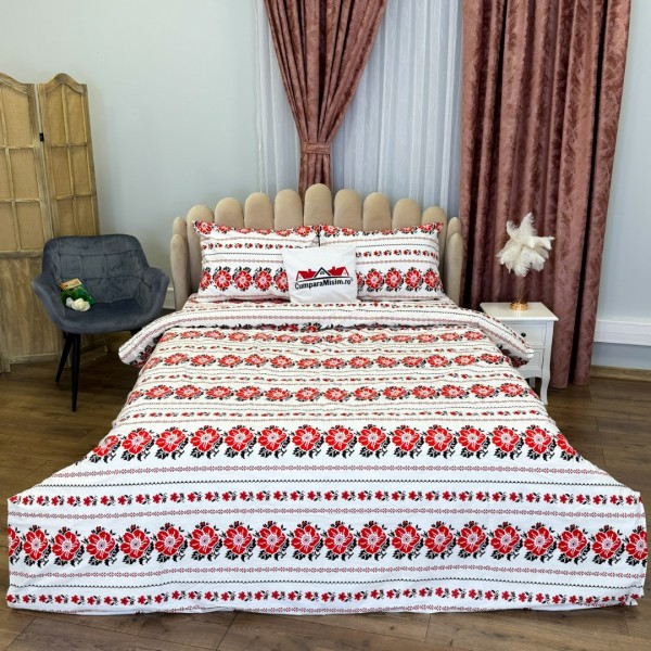 Lenjerie Pat Dublu, Bumbac Ranforce, 4 piese, Atelier Cumparamisim - Lux Suprem, Rafinament Desăvârșit, Confort Regal, Alb, Rosu, model traditional [1]
