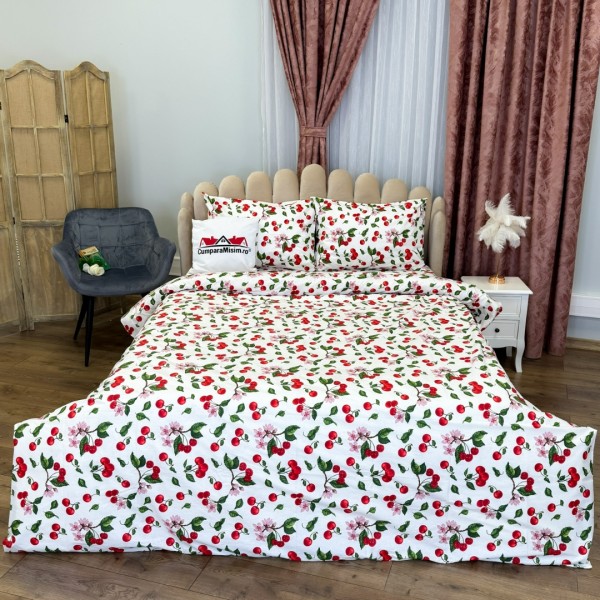 Lenjerie Pat Dublu, Bumbac Ranforce, 4 piese, Atelier Cumparamisim - Lux Suprem, Rafinament Desăvârșit, Confort Regal, Alb, Rosu, Cirese [1]