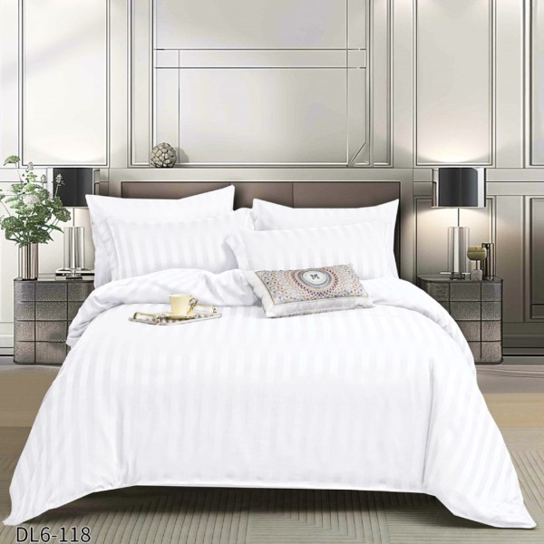 Lenjerie HoReCa, pat dublu, tip Damasc Finetat Deluxe cu Elastic, 6 piese, Alb [1]