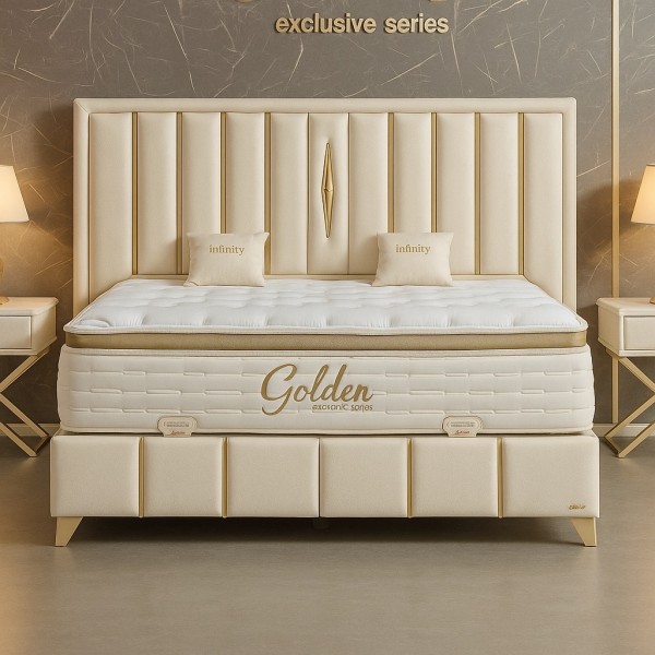 Pat Tapițat cu Catifea si Inserții Aurii, Crem - model Golden [1]