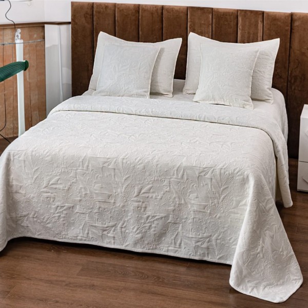 Cuvertura Pat Dublu, Bumbac cu In, Model Brodat Direct în Tesatura, 230x250 cm, 2 fete de perna 52x72cm, 2 fete de perna 46x46cm, Alb, Model Elegant [1]