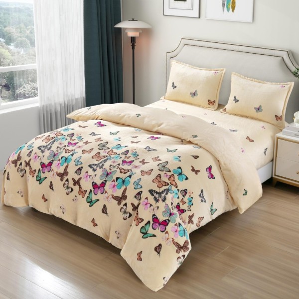 Lenjerie pentru Pat Dublu, Cocolino Premium, 4 Piese – Plușată, Groasă, și Călduroasă, Ideală pentru Iarnă –  Confort Maxim, Antișifonare, Crem, Fluturi [1]