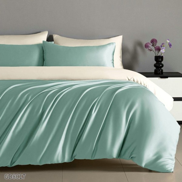 Lenjerie de Pat din Satin Extra Fin, Pat Dublu, 4 Piese, cu ELASTIC, Bicolor, Bleu, Bej – Rafinament și Lux la Superlativ [1]