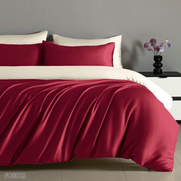 Lenjerie de Pat din Satin Extra Fin, Pat Dublu, 4 Piese, cu ELASTIC, Bicolor, Roșu, Bej – Rafinament și Lux la Superlativ [1]