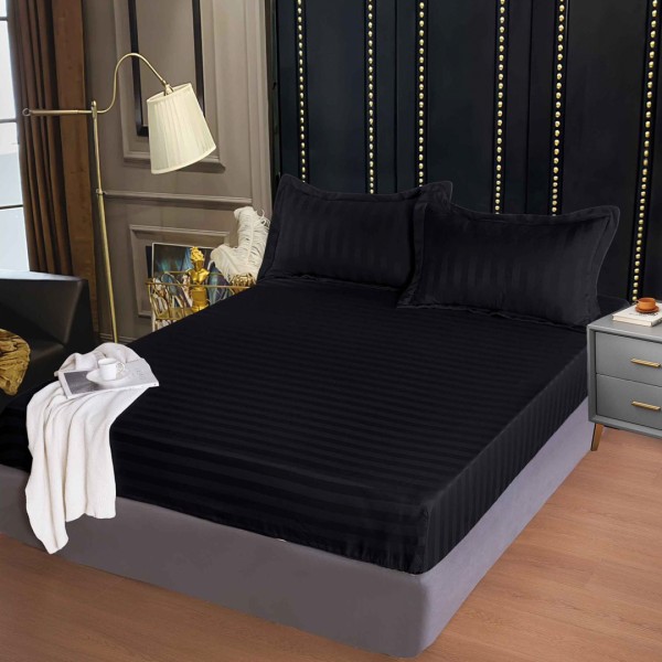 Cearsaf cu Elastic 160x200 cm – Damasc Finetat, 70% Bumbac, 2 Fete de Perna 55x80 cm, Negru – Confort Premium si Fixare Perfecta [1]