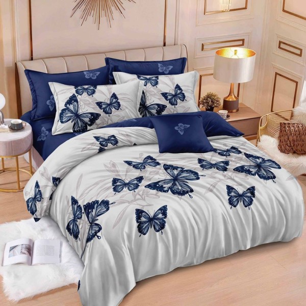 Lenjerie pat dublu (140x200cm, 160x200cm, 180x200cm),  FINET, 6 piese, Gri, Albastru, fluturi [1]
