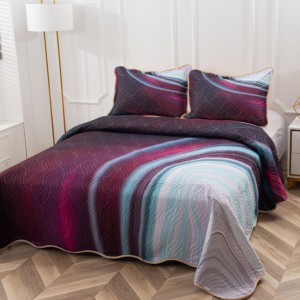 Cuvertura Matlasata, Pat Dublu, 230x250 cm, 3 Piese, Bumbac Finet Satinat, Imprimeu Digital, IDENTIC CU POZA, 2 Fete de Perna 60x80 cm, Gri Albastrui, Grena, Dungi