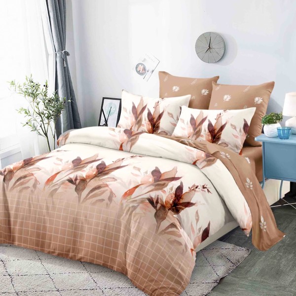 Lenjerie pat dublu,  FINET, cu elastic, 6 piese, Bej, Maro, Degrade, Frunze [1]