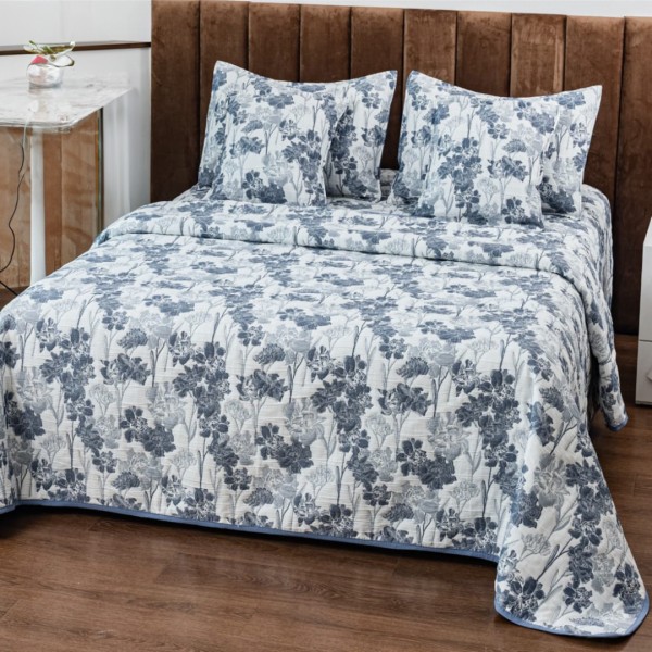 Cuvertura Pat Dublu, Bumbac cu In, Model Brodat Direct în Tesatura, 230x250 cm, 2 fete de perna 52x72cm, 2 fete de perna 46x46cm, Alb, Albastru, Flori [1]