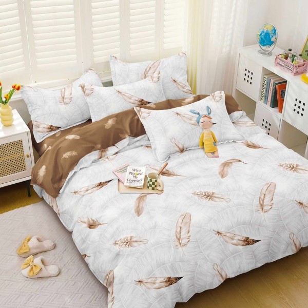 Lenjerie pat dublu (140x200cm, 160x200cm, 180x200cm), bumbac satinat, cearsaf clasic, 4 piese,  Maro, pene [1]