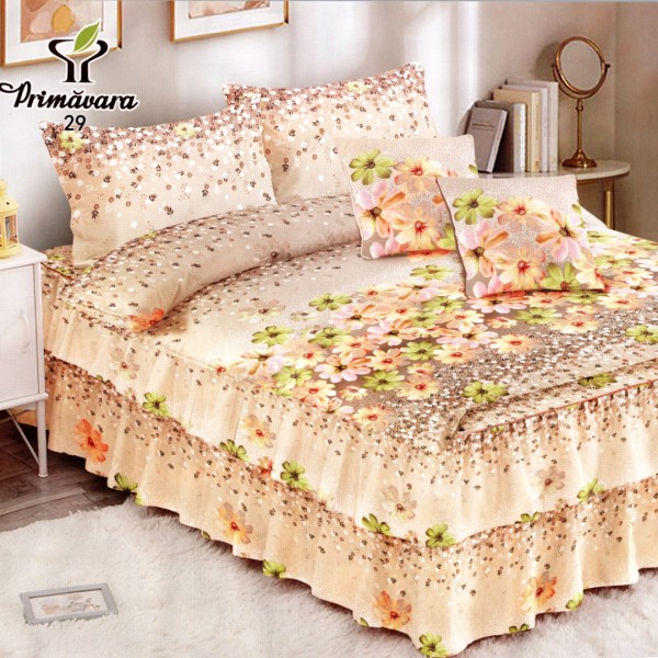 Lenjerie Premium Pat Dublu  FINET, 6 Piese – Volanase Sofisticate, Fixare Perfecta cu Elastic, Bej, Verde, Flori [1]