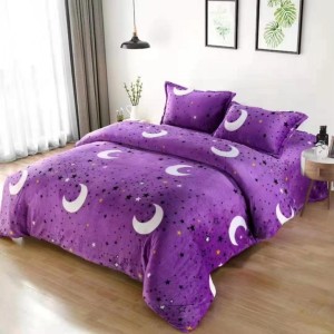 Lenjerie pat dublu, Super Pufoasa COCOLINO,cu ELASTIC, 4 piese, Mov, Steluțe si Luna