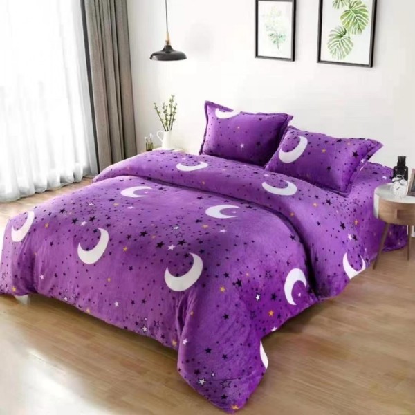 Lenjerie pat dublu, Super Pufoasa COCOLINO,cu ELASTIC, 4 piese, Mov, Steluțe si Luna [1]