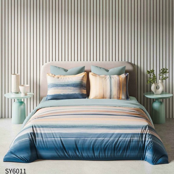 Lenjerie pat dublu,  FINET, Imprimeu Digital, cu ELASTIC, Albastru, Bej, Dungi [1]