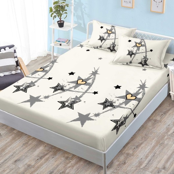 Cearsaf cu elastic, FINET, 180x200cm, 2 fete de perne 50x70cm, Crem, stelute, inimioare [1]