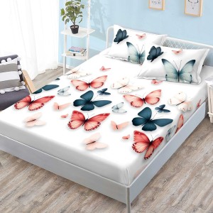 Cearsaf cu elastic, FINET, 180x200cm, 2 fete de perne 50x70cm, Alb, fluturi colorati