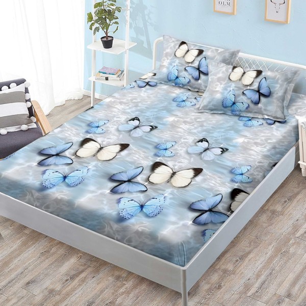 Cearsaf cu elastic, FINET, 180x200cm, 2 fete de perne 50x70cm, Gri, Bleu, fluturi [1]