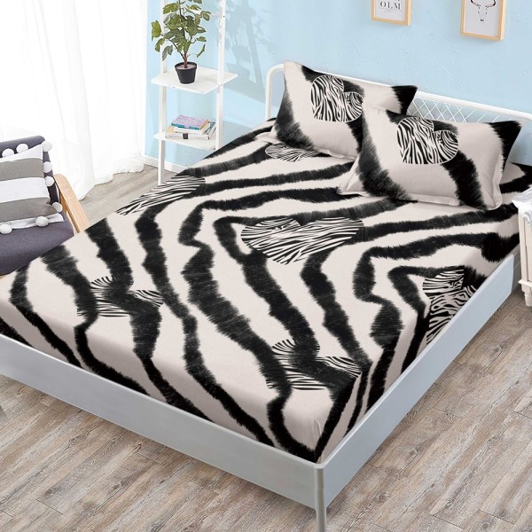 Cearsaf cu elastic, FINET, 180x200cm, 2 fete de perne 50x70cm, Bej, Negru, animal print, inimioare [1]