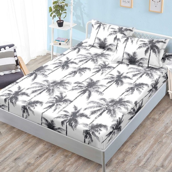 Cearsaf cu elastic, FINET, 180x200cm, 2 fete de perne 50x70cm, Alb, Gri, palmieri [1]