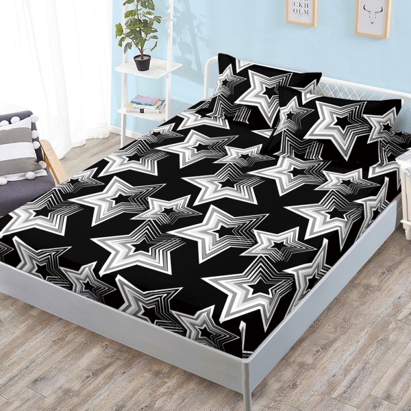 Cearsaf cu elastic, FINET, 180x200cm, 2 fete de perne 50x70cm, Alb, Negru, stelute [1]