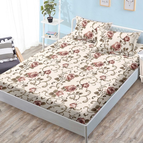 Cearsaf cu elastic, FINET, 180x200cm, 2 fete de perne 50x70cm, Bej, trandafiri [1]