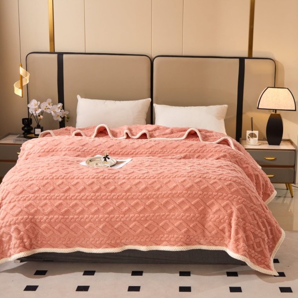 Pătură Premium, 200x230cm, CoCoLiNo, Grofată, cu Model 3D Tip Tricotaj și Bordură din Blăniță Contrastantă – Eleganță și Căldură Absolută, Somon [1]