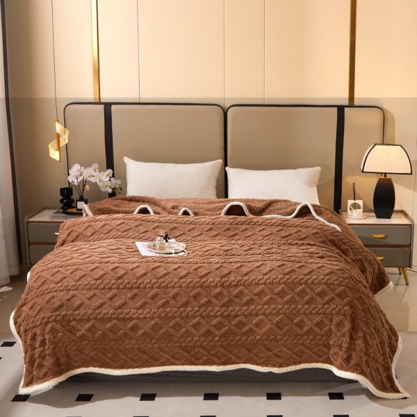 Pătură Premium, 200x230cm, CoCoLiNo, Grofată, cu Model 3D Tip Tricotaj și Bordură din Blăniță Contrastantă – Eleganță și Căldură Absolută, Maro [1]