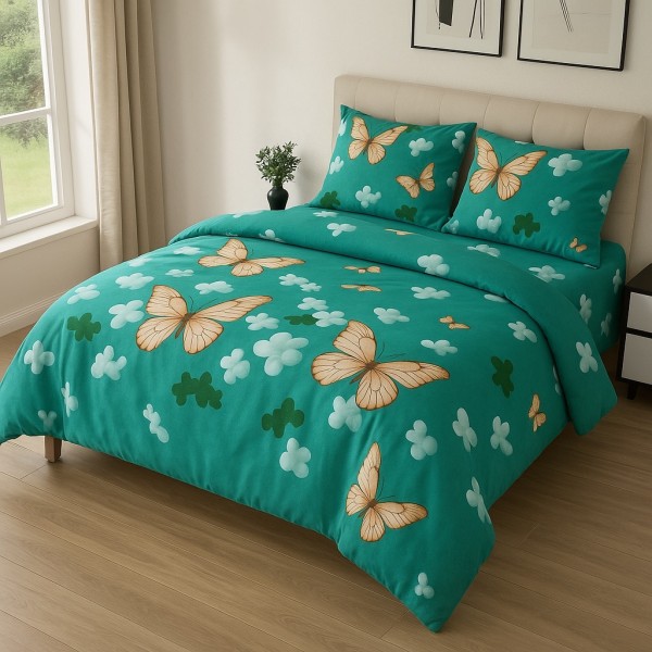 Lenjerie pat dublu, Super Pufoasa COCOLINO,cu ELASTIC, 4 piese, Turquoise, Fluturi [1]