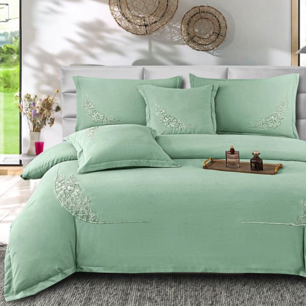 Lenjerie Pat Dublu, Bumbac Neted Fin, Broderie Rafinata, CEARSAF CU ELASTIC, 6 piese, Menta [1]