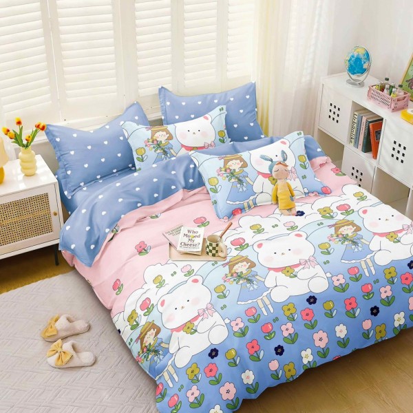 Lenjerie pat dublu (140x200cm, 160x200cm, 180x200cm), bumbac satinat, cearsaf clasic, 4 piese,  Roz, Bleu, ursuleti [1]