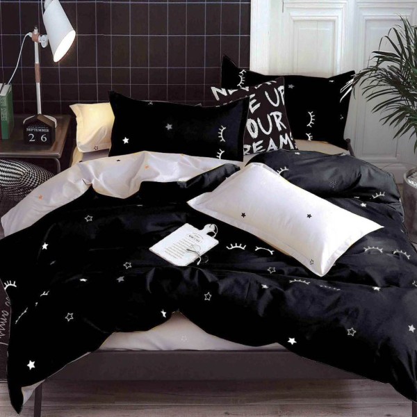 Lenjerie pat dublu cu Elastic (160x200cm si 180x200cm), bumbac satinat, Negru, gene [1]