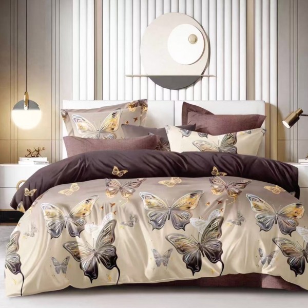 Lenjerie pat dublu (140x200cm, 160x200cm, 180x200cm), FINET, 6 piese, Bej, Maro, Degrade, Fluturi [1]
