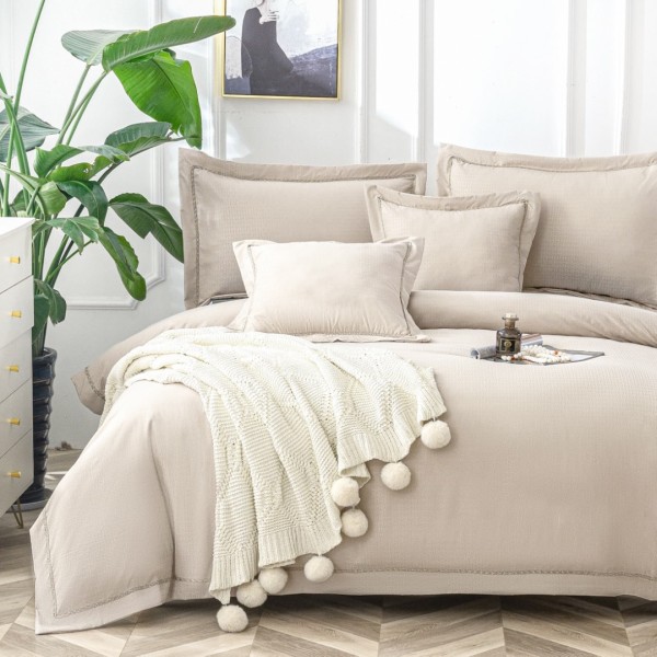 Lenjerie Pat Dublu, Bumbac Neted Fin, cu Bordura din Broderie Rafinata, CEARSAF CU ELASTIC, 6 piese, Bej [1]