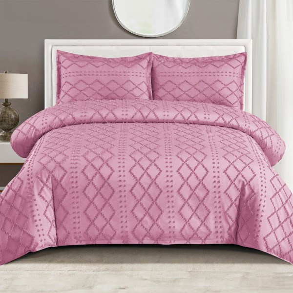 Lenjerie de Pat Premium, Bumbac Finet, Smocuri Brodate, 4 Piese, cu ELASTIC, Nesifonabilă și Durabilă, Elegance, Roz [1]
