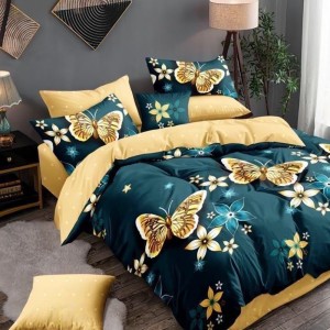 Lenjerie pat dublu (140x200cm, 160x200cm, 180x200cm), FINET, 6 piese, Verde, galben, fluturi