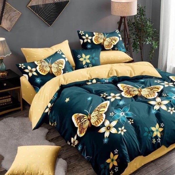 Lenjerie pat dublu (140x200cm, 160x200cm, 180x200cm), FINET, 6 piese, Verde, galben, fluturi [1]