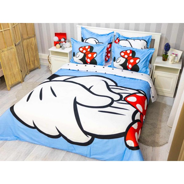 Lenjerie pat dublu (140x200cm, 160x200cm, 180x200cm), FINET, 6 piese, IDENTICA CU POZA, Alb, Bleu, Mickey si Minnie [1]
