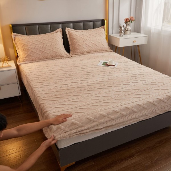 Cearșaf cu Elastic Cocolino, Model 3D Tricotat, 180x200x25 cm – Set cu 2 Fețe de Pernă, Gros și Pufos, Bej [1]