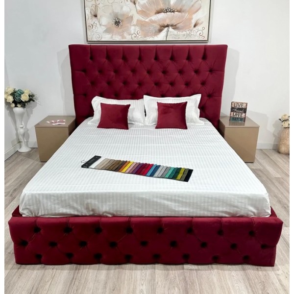 Pat Matrimonial, Tapițat stil Chesterfield, pentru Saltea de 140x200cm, Bordo - model Tessa - cu Somiera Fixa [1]