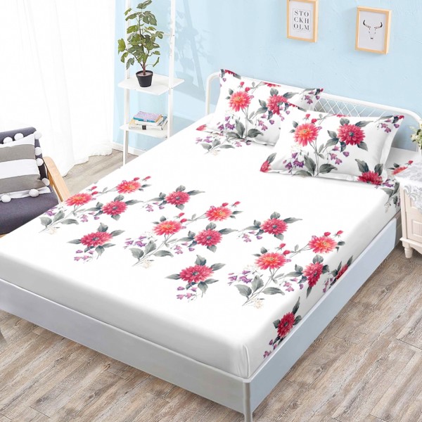 Cearsaf cu elastic, Bumbac FINET, 160x200cm, 2 fete de perne 50x70cm, Alb, Flori [1]