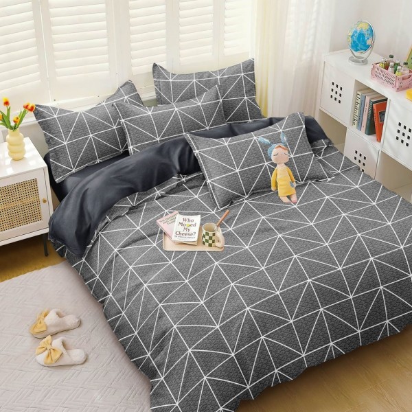 Lenjerie pat dublu (140x200cm, 160x200cm, 180x200cm), bumbac satinat, cearsaf clasic, 4 piese,  Gri, forme geometrice [1]