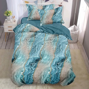 Lenjerie pat 140x200cm,  FINET, 4 piese, cu ELASTIC, Albastru, Gri, valuri, abstract