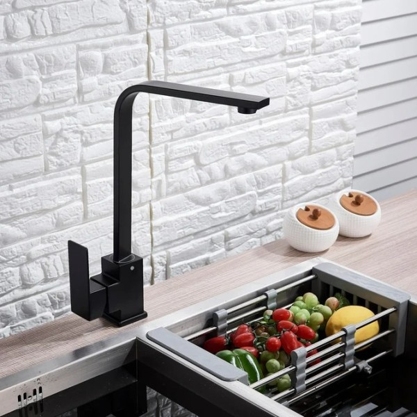 Baterie Bucătărie Minimalistă – Negru Mat, Cadru Pătrat, Monocomandă VST59 [1]