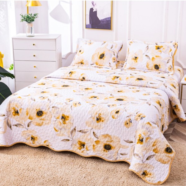 Cuvertura Matlasata din Bumbac Satinat, cu Bordura în Valuri (220x230 cm) + 2 Fete de Perna (60x80 cm), Alb, Galben, Flori [1]