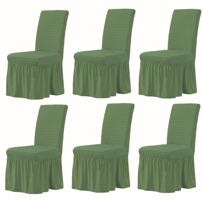 Set 6 Huse Elastice si Creponate Cu Volanase pentru Scaune  verde