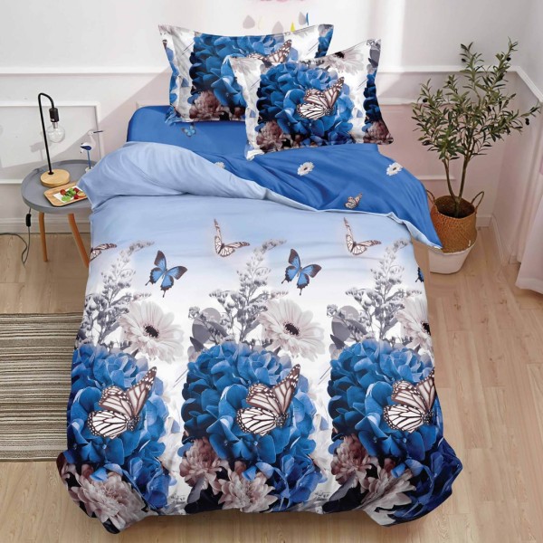 Lenjerie pat 140x200cm,  FINET, 4 piese, cu ELASTIC, Albastru, fluturi, flori [1]