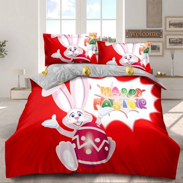 Lenjerie de Pat Dublu,  Finet, Imprimeu Digital, 4 Piese, Roșu, Gri, Iepuraș, Happy Easter [1]
